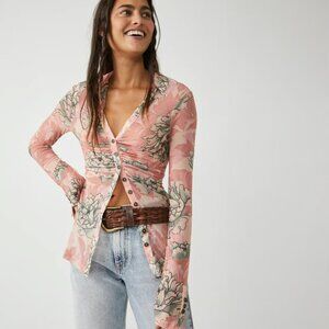 Free People Floral Mesh Top Ruched Button Down Peach Bloom Boho